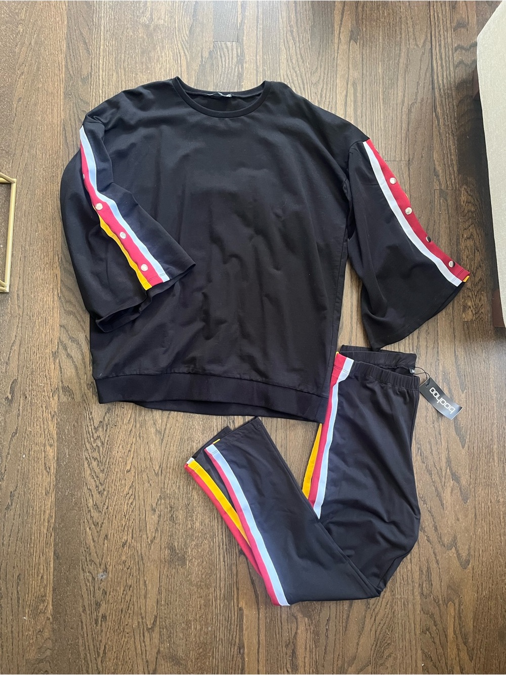Boohoo Black Sweat Lounge Set with Popper Stripe Detail